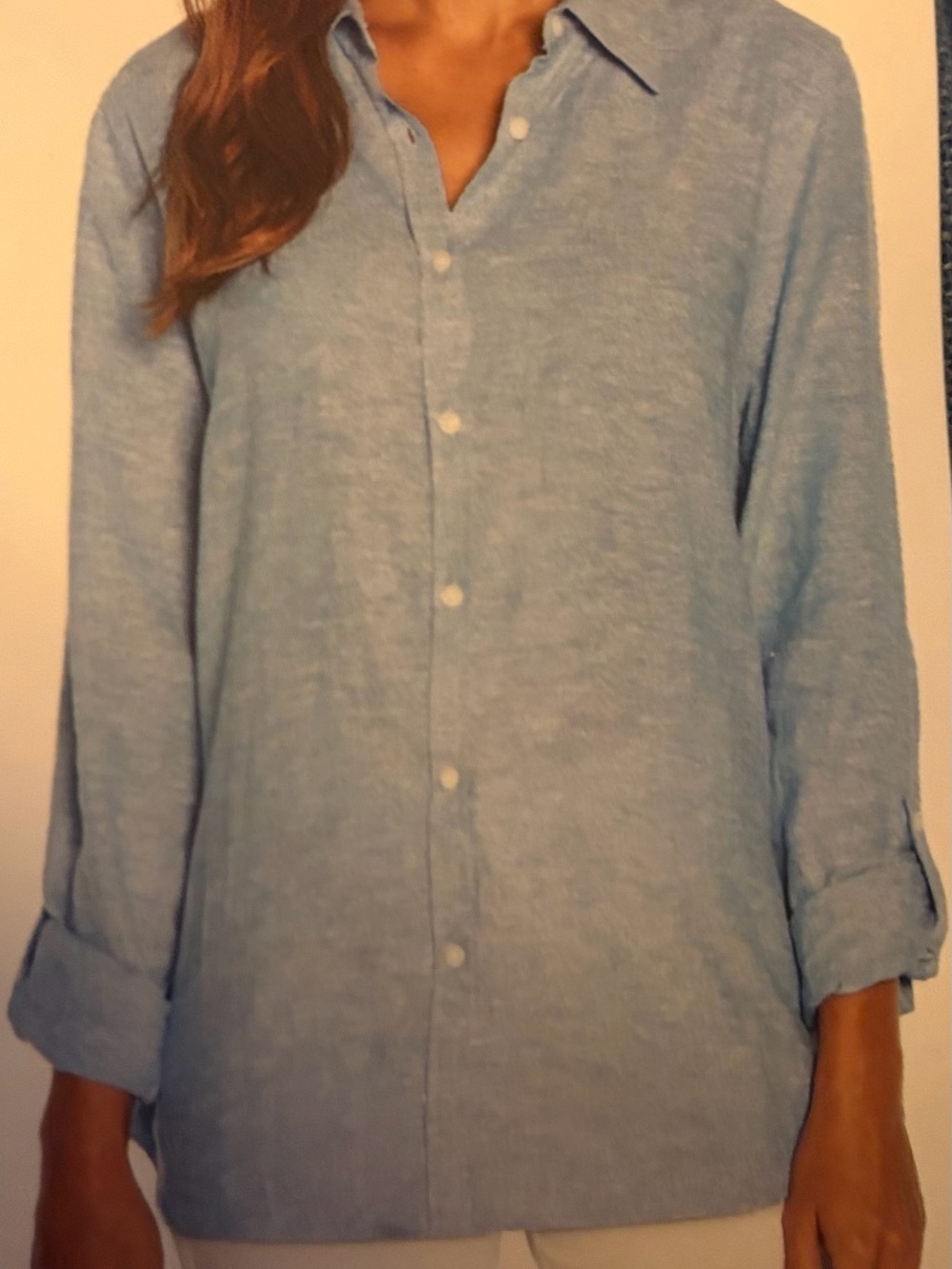 * New Orvis Chambray Blue Long-Sleeve Linen Blend Button-Down Shirt SZ Medium *